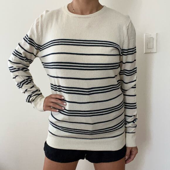 A.P.C. Womens Cream Black Stripe Crewneck 100% Wool Long Sweater Size M - Picture 10 of 12